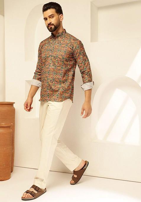 Green Printed Cotton Kurta For Men