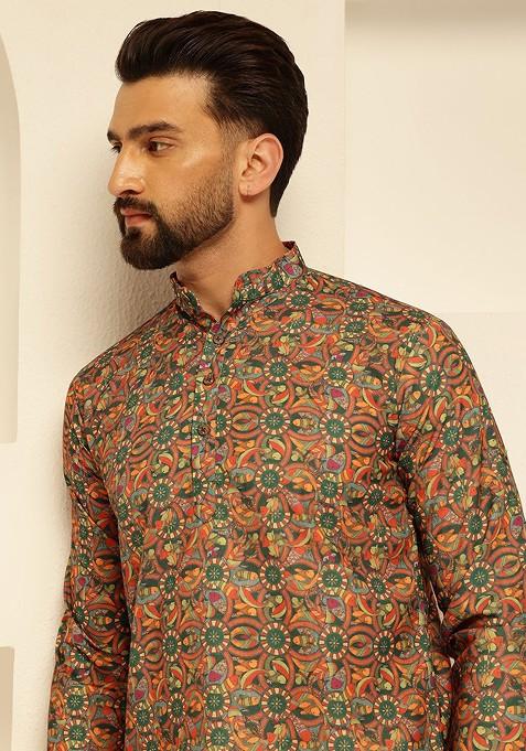 Green Printed Cotton Kurta For Men