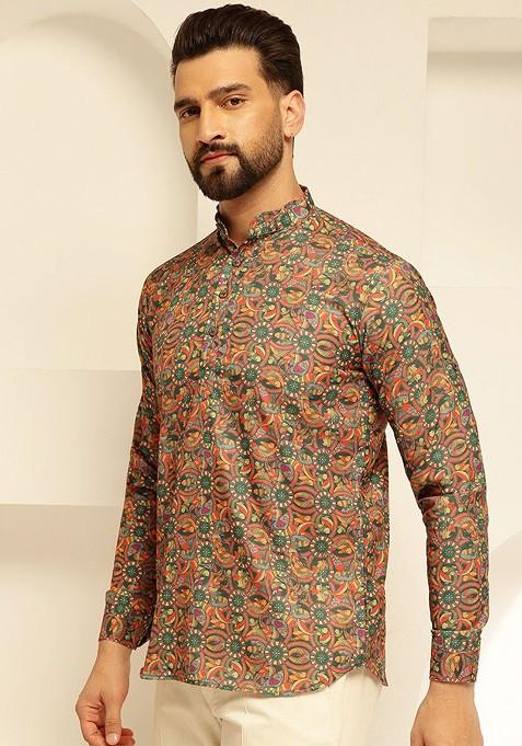 Green Printed Cotton Kurta For Men