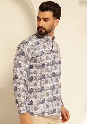 Blue Ethnic Motifs Cotton Kurta For Men
