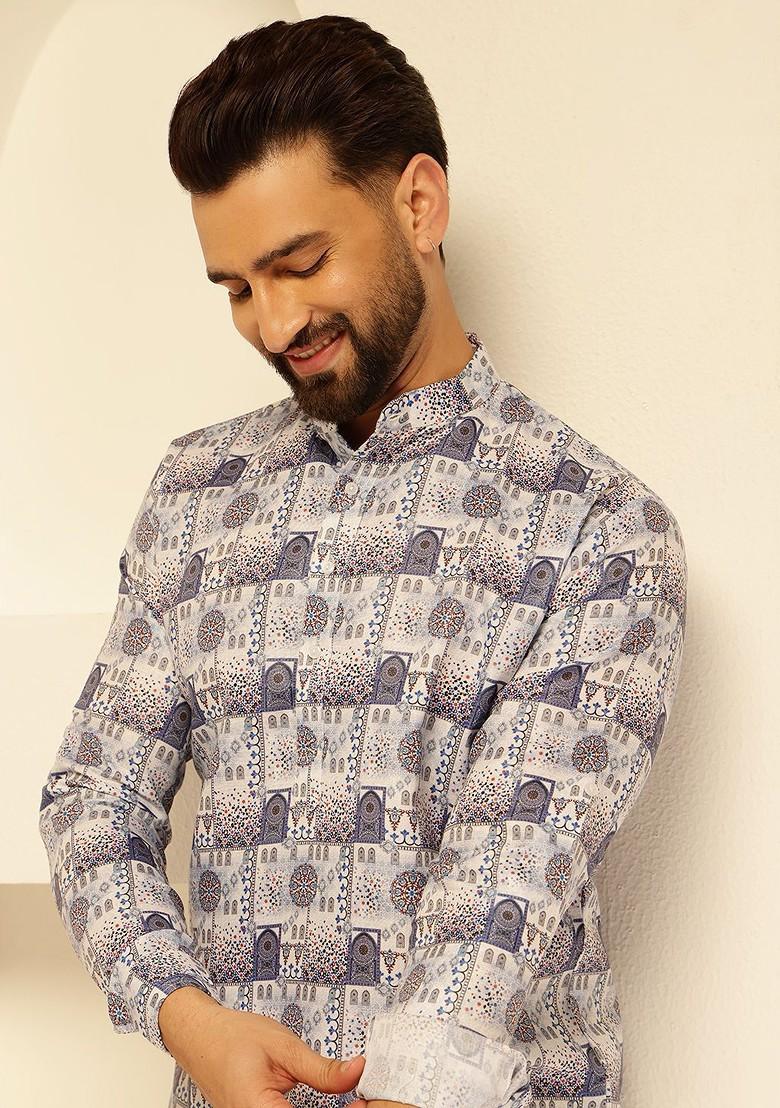 Blue Ethnic Motifs Cotton Kurta For Men