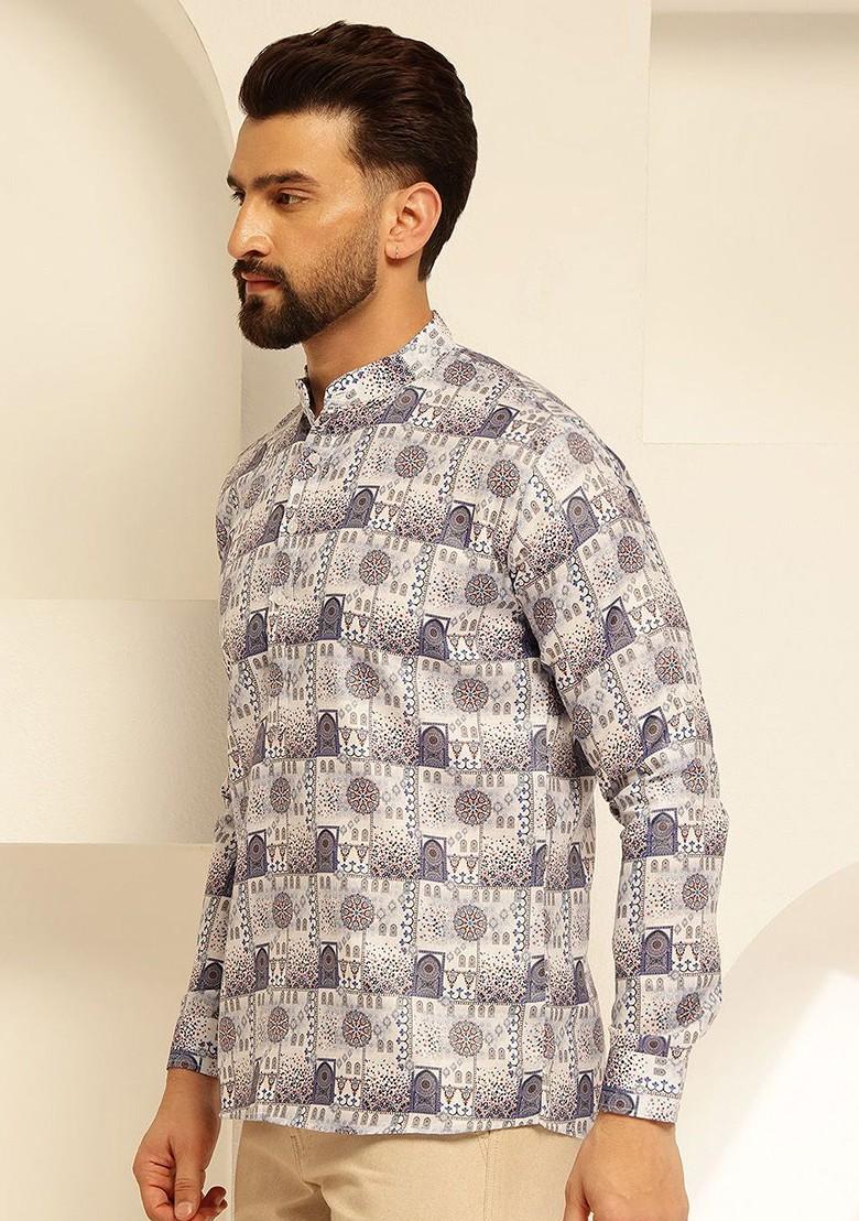 Blue Ethnic Motifs Cotton Kurta For Men