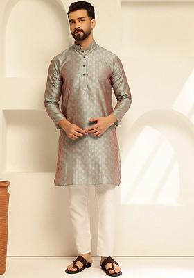 Green Thread Work Poly Blend Kurta For Men