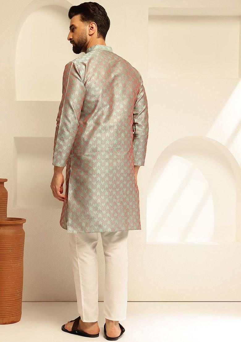 Green Thread Work Poly Blend Kurta For Men