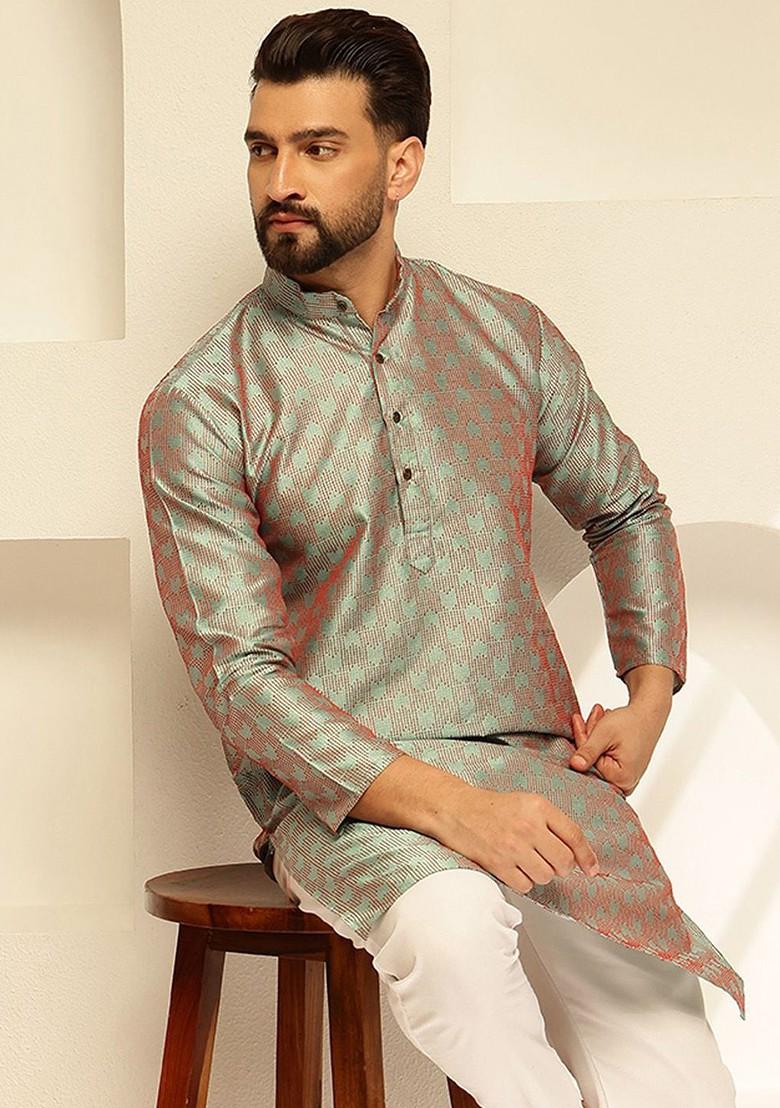 Green Thread Work Poly Blend Kurta For Men
