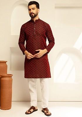 Red Embroidered Poly Blend Kurta For Men