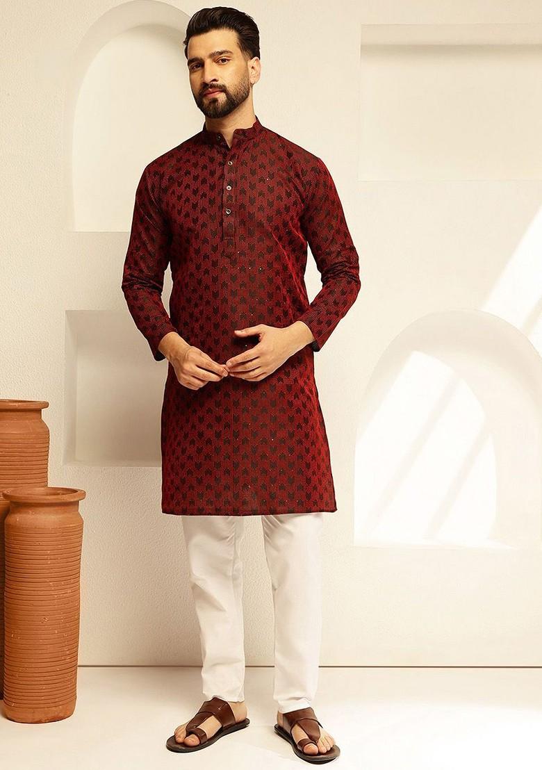 Red Embroidered Poly Blend Kurta For Men