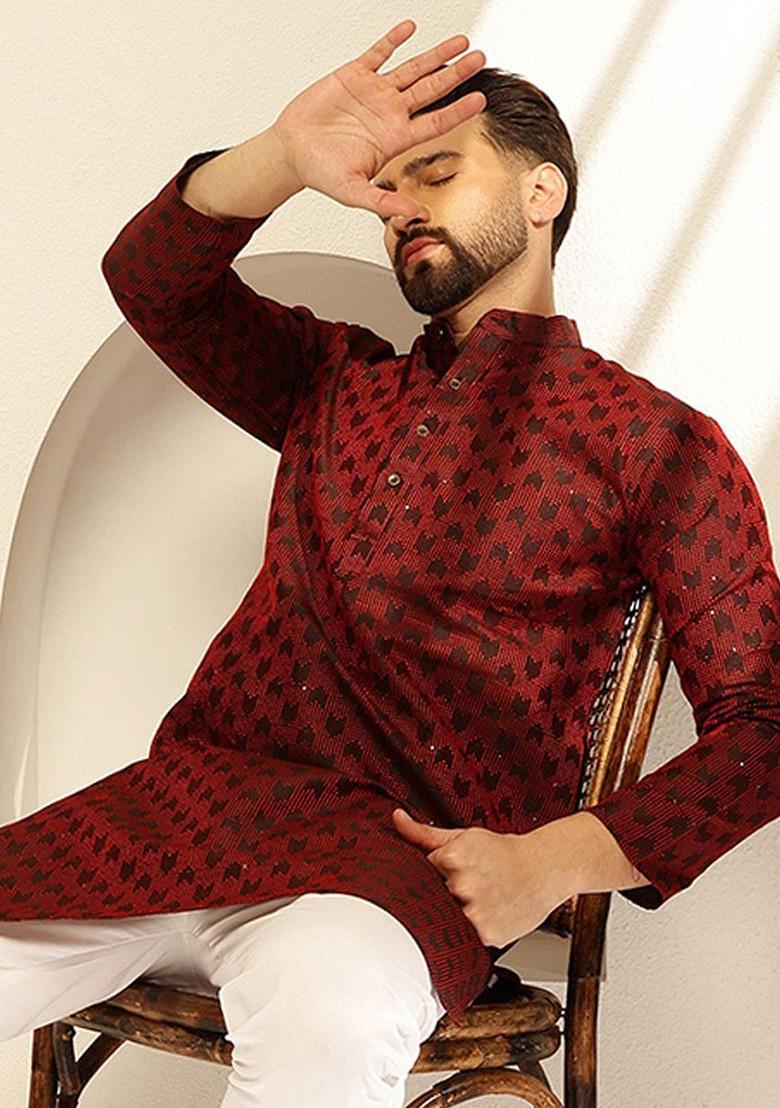 Red Embroidered Poly Blend Kurta For Men