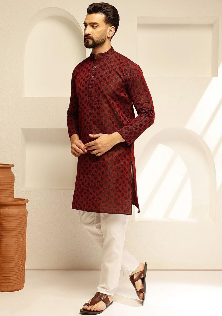 Red Embroidered Poly Blend Kurta For Men