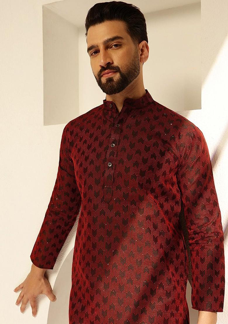 Red Embroidered Poly Blend Kurta For Men