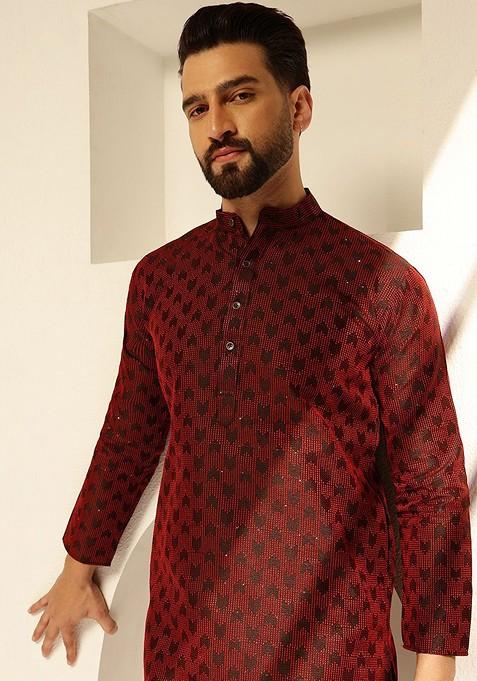 Red Embroidered Poly Blend Kurta For Men