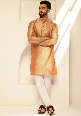 Orange Woven Poly Blend Kurta For Men
