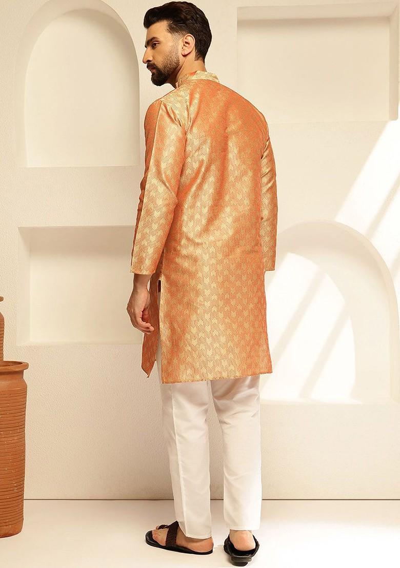 Orange Woven Poly Blend Kurta For Men