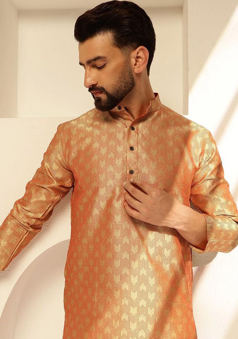 Orange Woven Poly Blend Kurta For Men