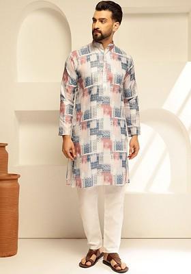 White Printed Cotton Kurta For Men