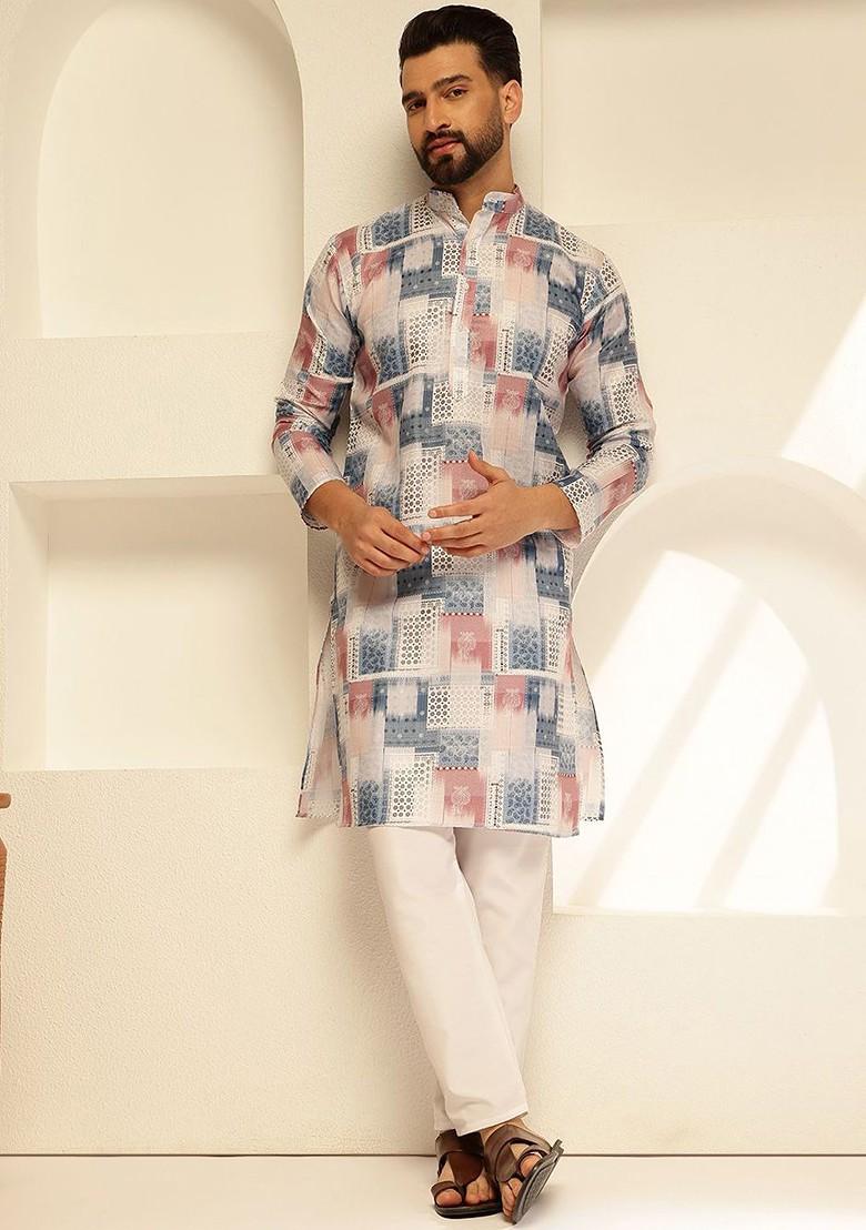 White Printed Cotton Kurta For Men