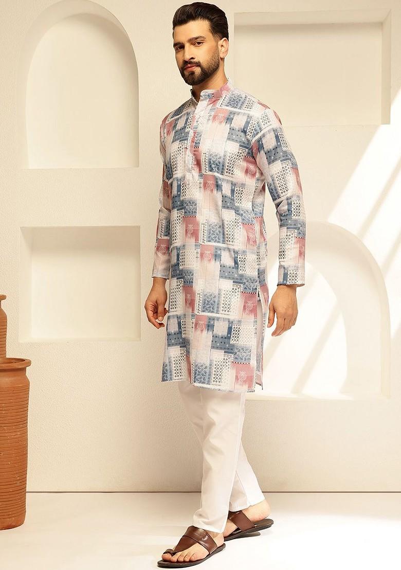 White Printed Cotton Kurta For Men