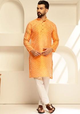 Yellow Woven Poly Blend Kurta For Men