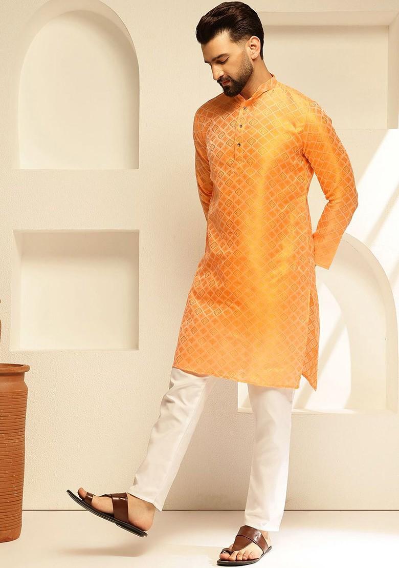 Yellow Woven Poly Blend Kurta For Men