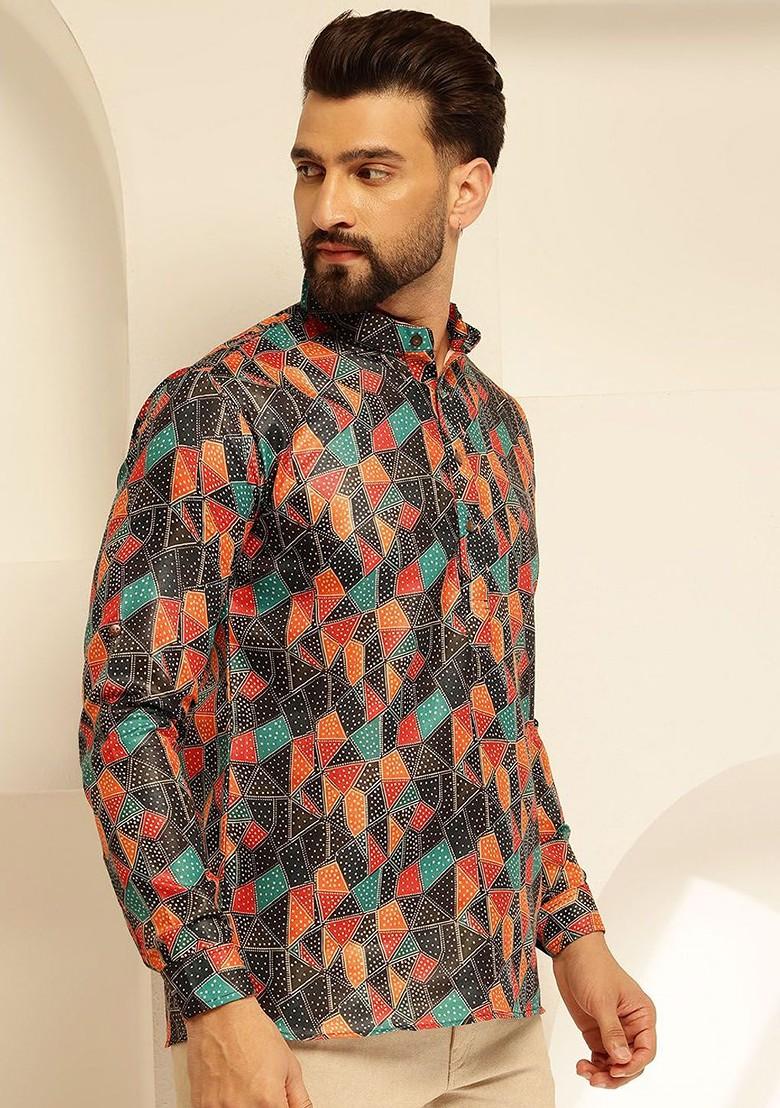 Black Printed Cotton Kurta For Men