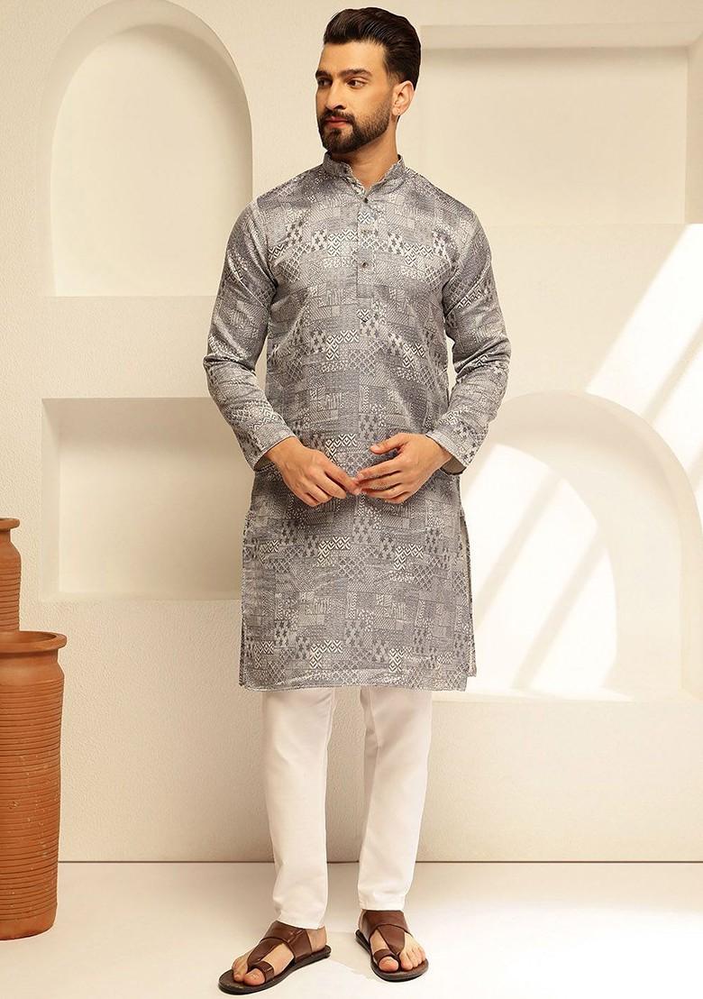Blue Woven Poly Blend Kurta For Men