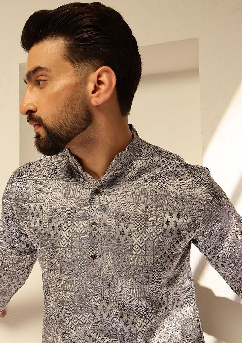 Blue Woven Poly Blend Kurta For Men