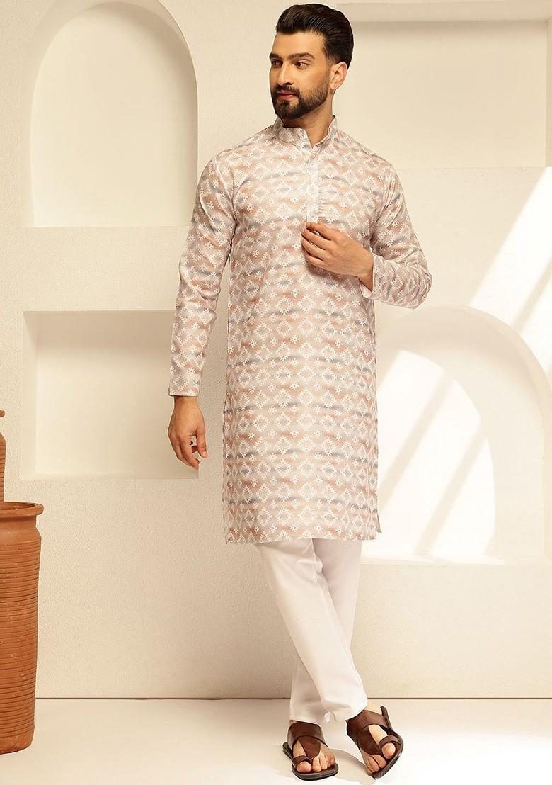 Beige Printed Cotton Kurta For Men