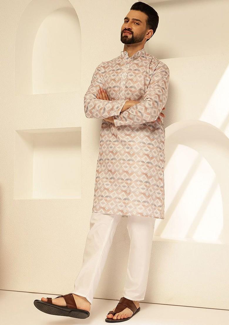 Beige Printed Cotton Kurta For Men