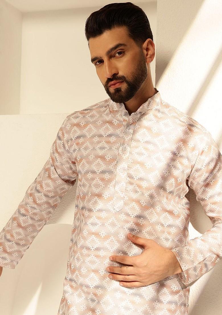 Beige Printed Cotton Kurta For Men