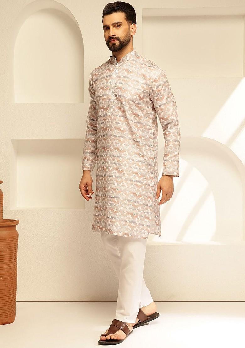 Beige Printed Cotton Kurta For Men