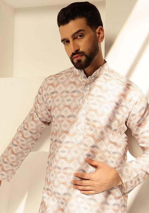 Beige Printed Cotton Kurta For Men