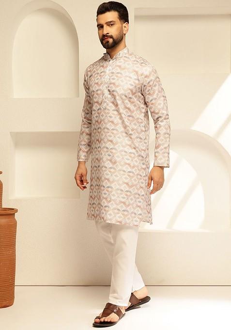 Beige Printed Cotton Kurta For Men