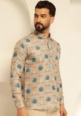 Green Printed Cotton Kurta For Men