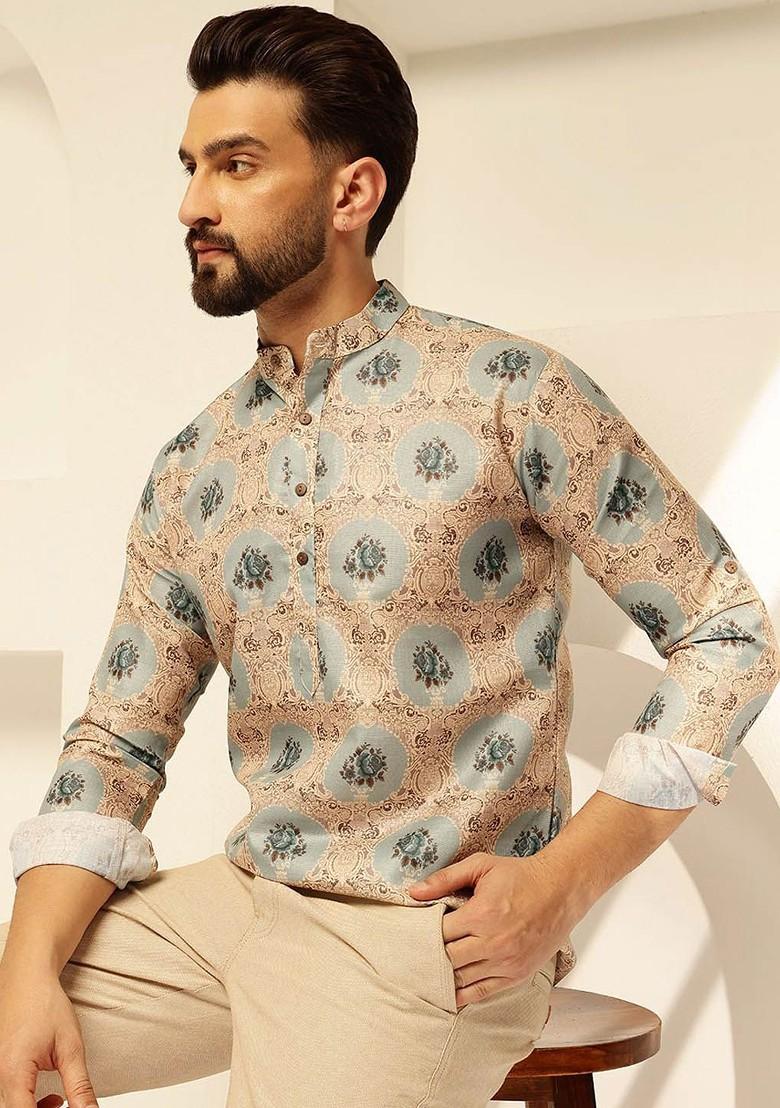 Green Printed Cotton Kurta For Men