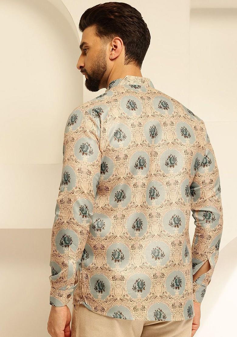 Green Printed Cotton Kurta For Men