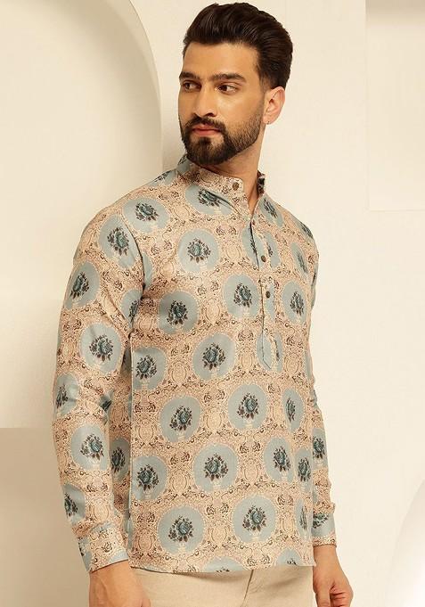Green Printed Cotton Kurta For Men