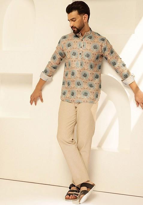 Green Printed Cotton Kurta For Men