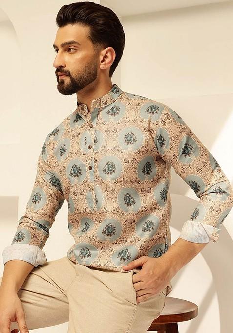 Green Printed Cotton Kurta For Men