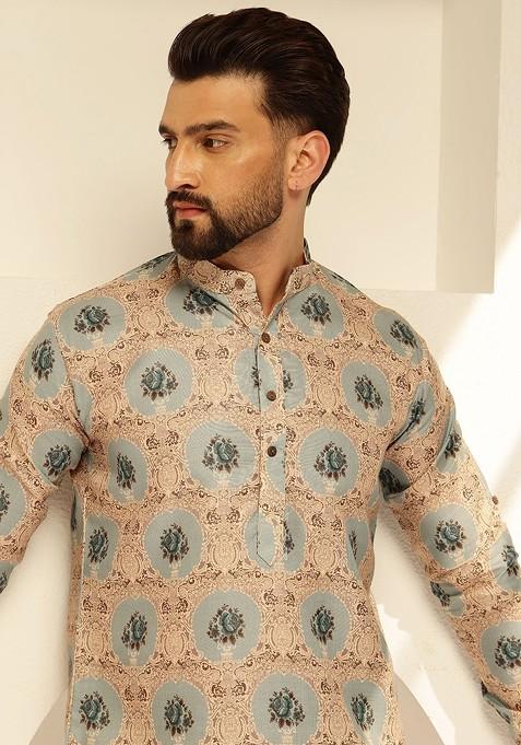 Green Printed Cotton Kurta For Men