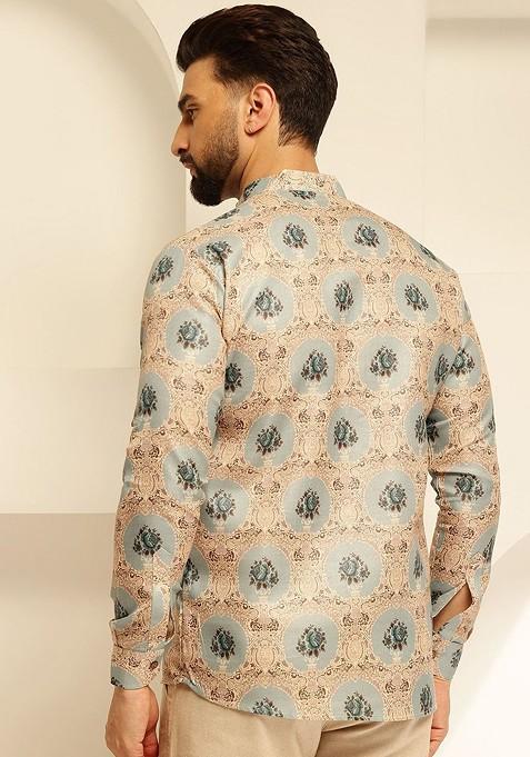 Green Printed Cotton Kurta For Men