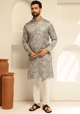 Grey Woven Poly Blend Kurta For Men
