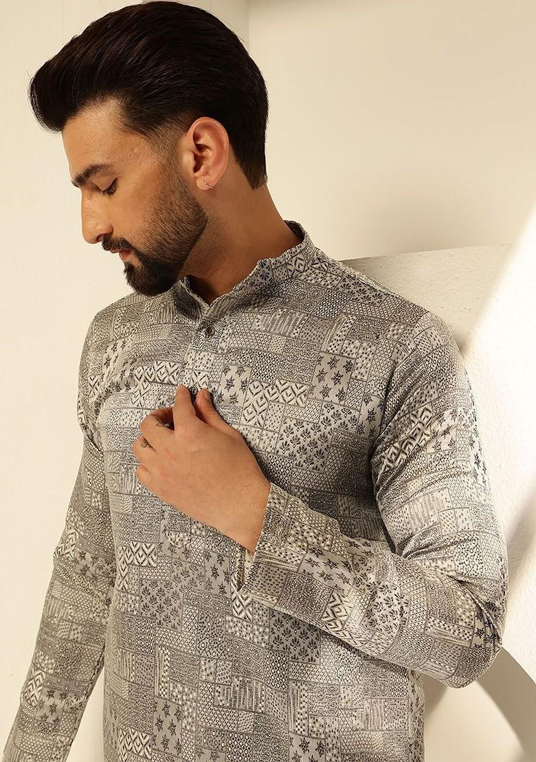Grey Woven Poly Blend Kurta For Men
