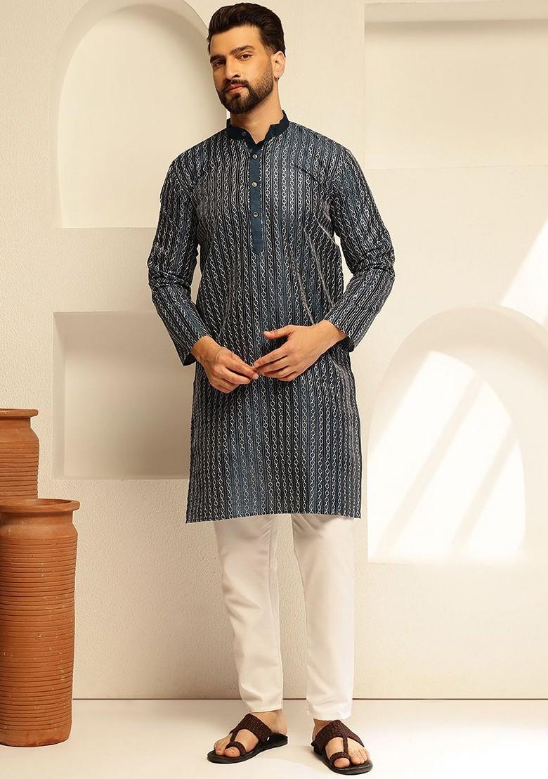 Navy Blue Thread Work Cotton Kurta For Men