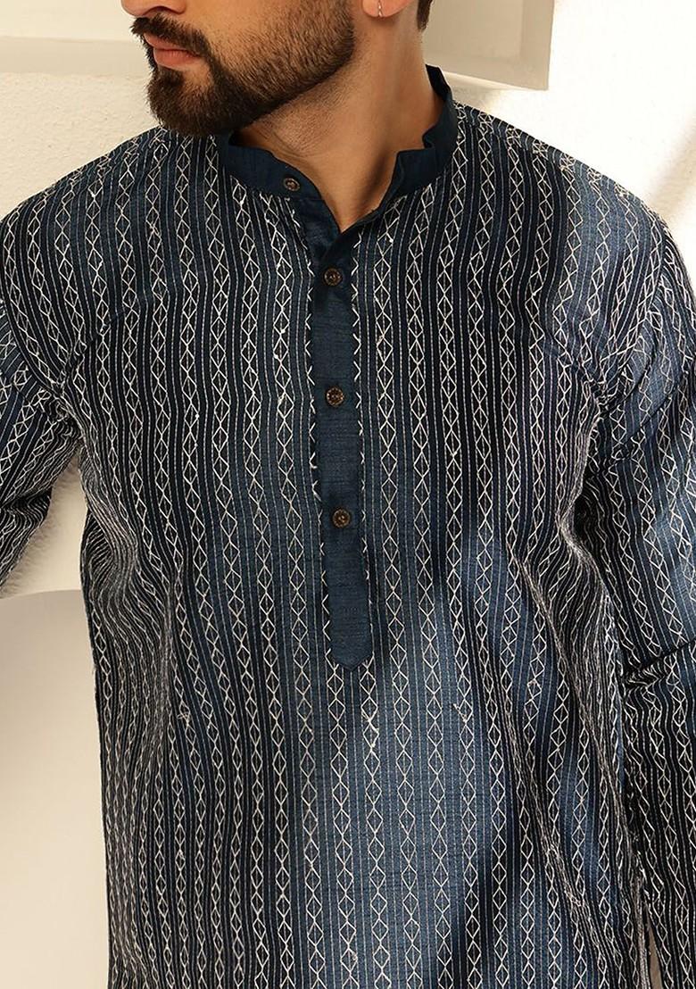 Navy Blue Thread Work Cotton Kurta For Men