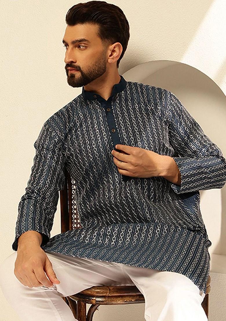 Navy Blue Thread Work Cotton Kurta For Men
