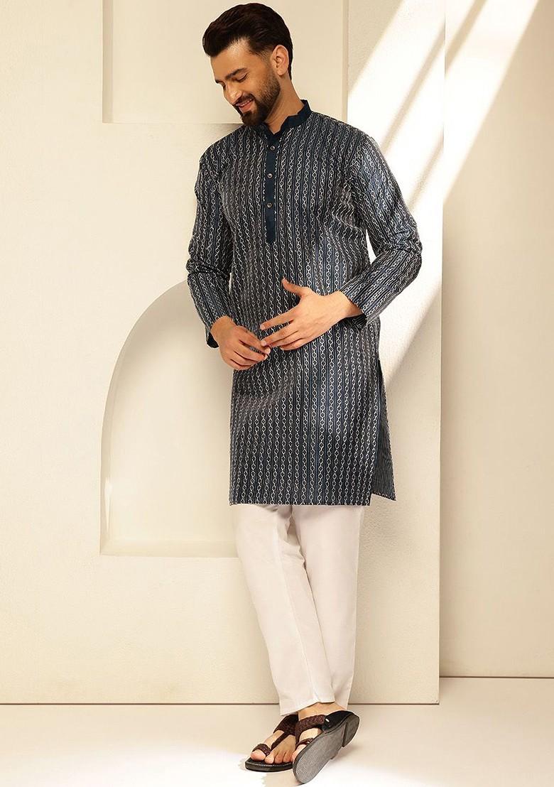 Navy Blue Thread Work Cotton Kurta For Men