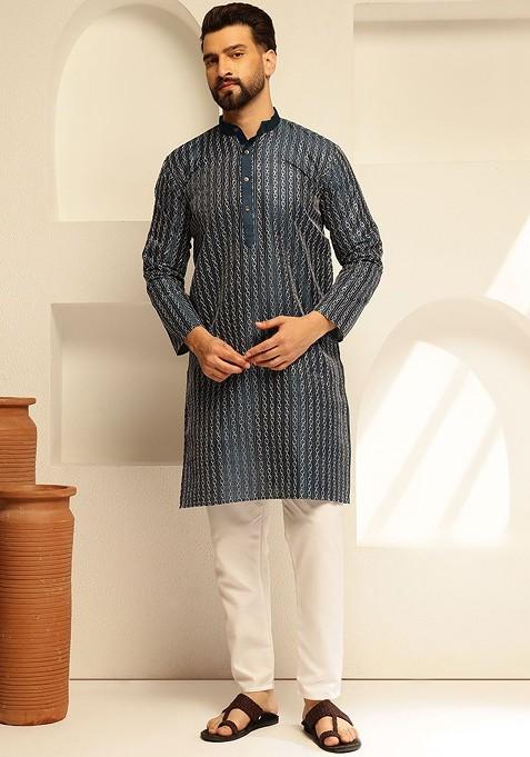 Navy Blue Thread Work Cotton Kurta For Men