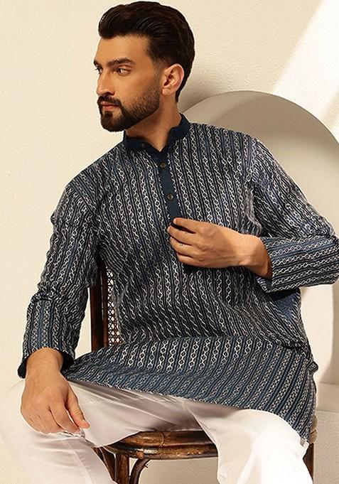 Navy Blue Thread Work Cotton Kurta For Men