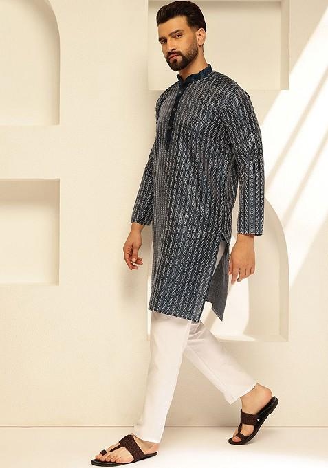 Navy Blue Thread Work Cotton Kurta For Men