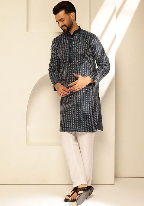 Navy Blue Thread Work Cotton Kurta For Men
